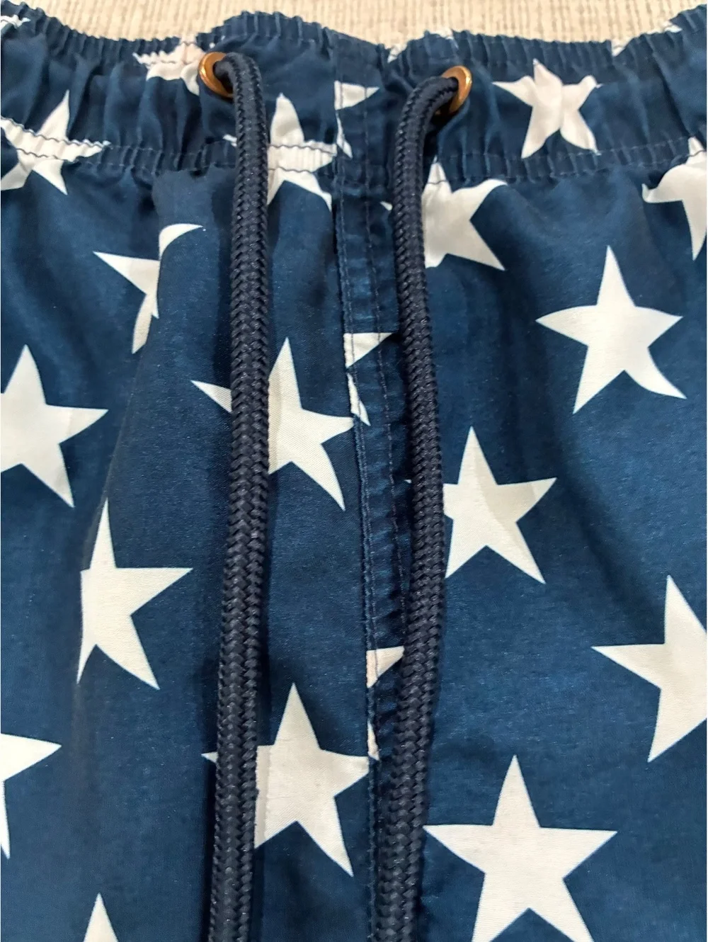 Men's Navy Blue Swim Shorts with White Star Print and Striped Back Pocket